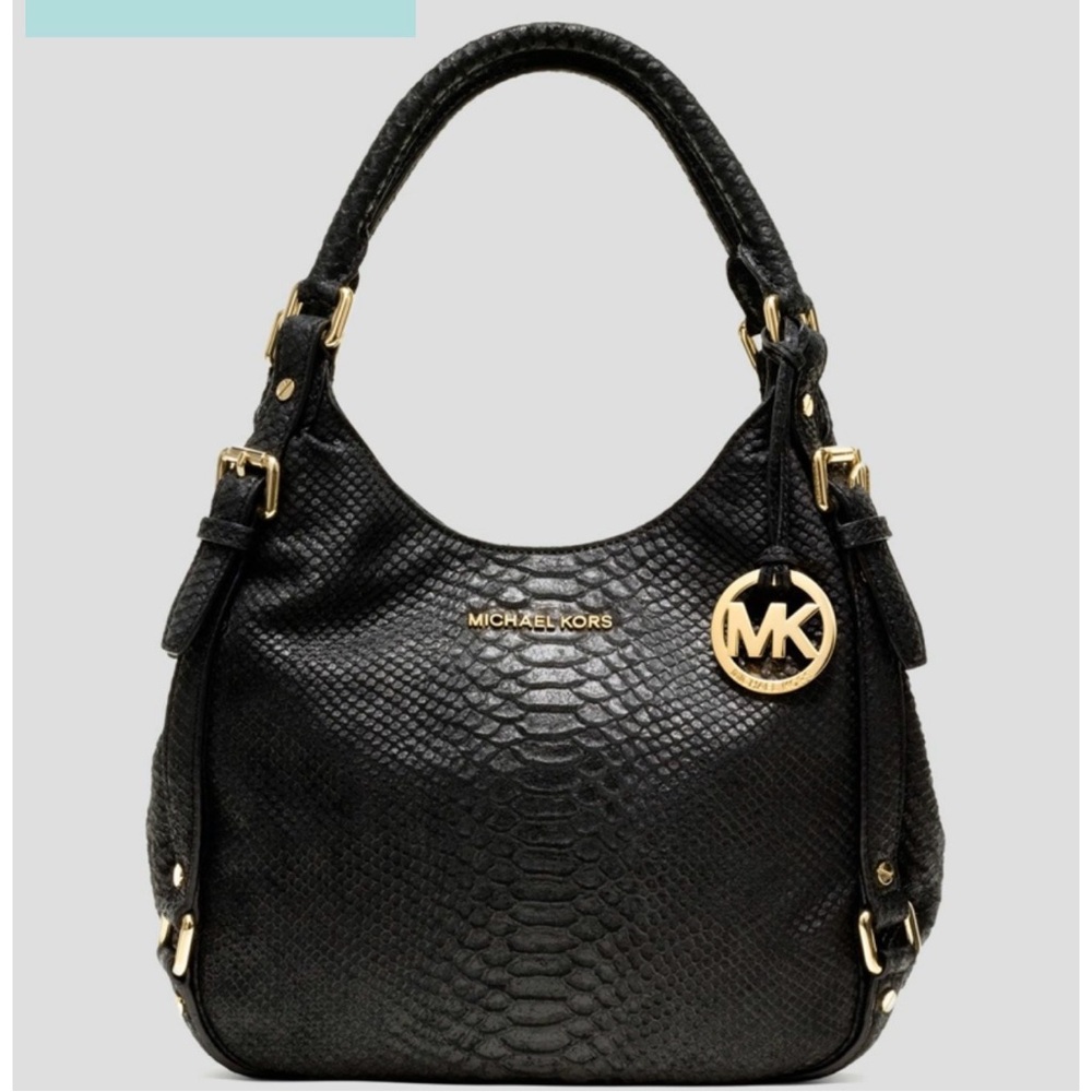 Michael Kors Bedford Black Snake Embossed Hobo Shoulder Bag MK Charm